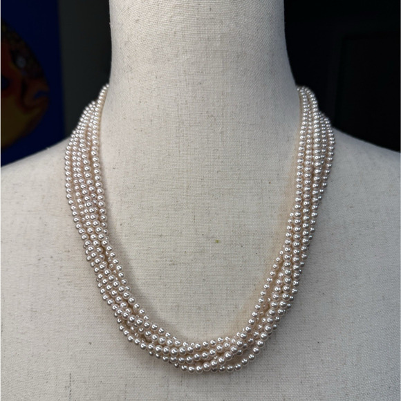 Faux Pearl 6-Strand Necklace Cream 3mm Beads 22” Multi-Layer Classic Vintage - Picture 3 of 5